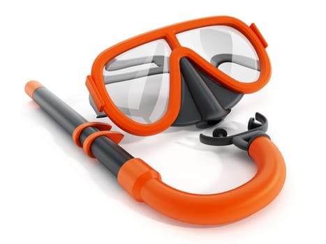 Snorkel and diving mask isolated on white background. 3D illustration.