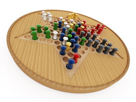 Chinese checkers board and pawns isolated on white background. 3D illustration.