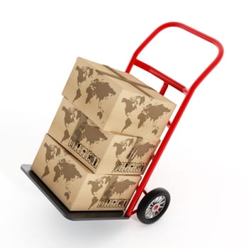 Cardboard boxes with earth shape on truck hand trolley. 3D illustration.