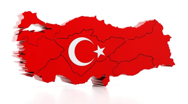 Map of Turkey covered with Turkish flag texture. 3D illustration.