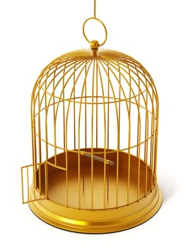Gold bird cage isolated on white background. 3D illustration.
