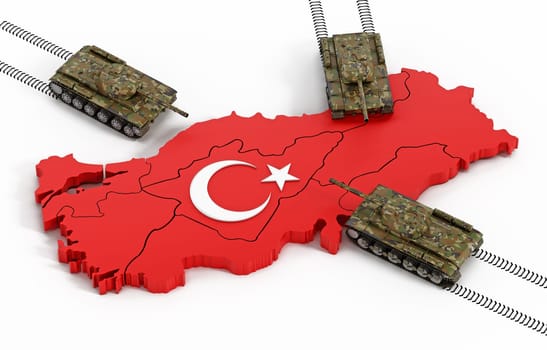 Tanks moving through the Turkish map and flag. 3D illustration.