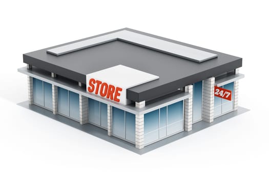 Generic store front isolated on white background. 3D illustration.