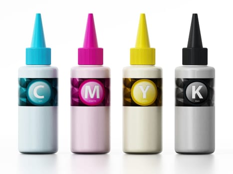 CMYK ink filling bottles isolated on white background. 3D illustration.
