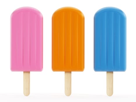 Pink, orange and blue ice creams on wooden stick. 3D illustration.