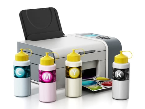 CMYK ink filling bottles and inkjet printer isolated on white background. 3D illustration.