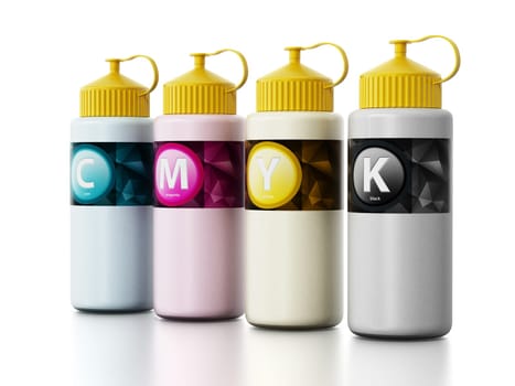 CMYK ink filling bottles isolated on white background. 3D illustration.