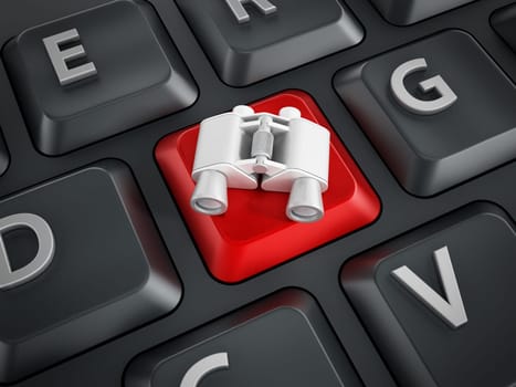 Binoculars standing on F key of a keyboard. 3D illustration.