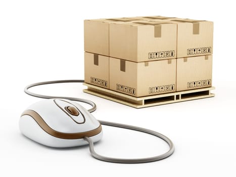 Cable mouse connected to cargo boxes isolated on white background. 3D illustration.