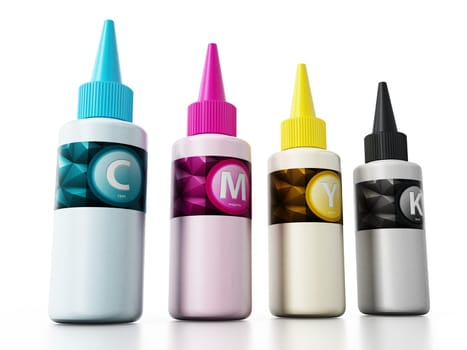 CMYK ink filling bottles isolated on white background. 3D illustration.