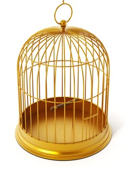 Gold bird cage isolated on white background. 3D illustration.