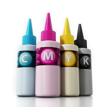 CMYK ink filling bottles isolated on white background. 3D illustration.