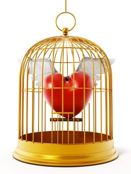 Gold bird cage with winged heart isolated on white background. 3D illustration.