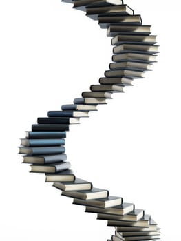 Spiral staircase shaped multi colored books. 3D illustration.