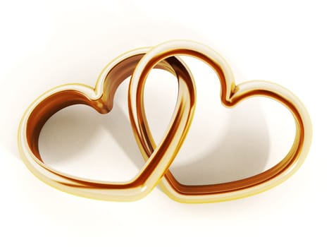 Gold heart shaped rings attached to each other. 3D illustration.