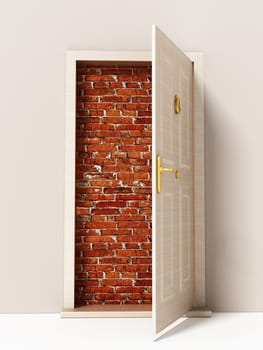 Open door leading to brick wall. 3D illustration.