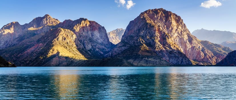 Scenic view of Iskanderkul - an alpine lake in the mountains of Tajikistan