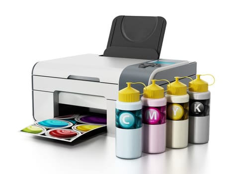 CMYK ink filling bottles and inkjet printer isolated on white background. 3D illustration.