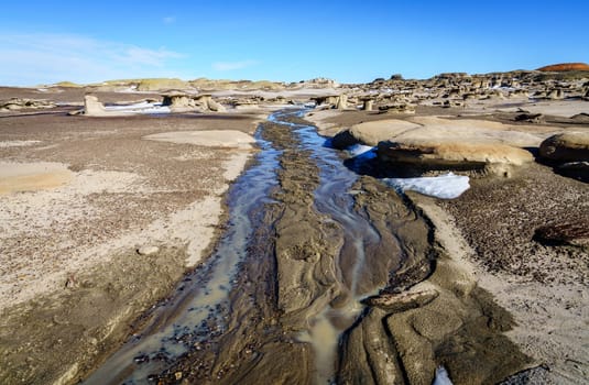 Scenic view of Bisti De-Na-Zin Wilderness area in New Mexico in winter