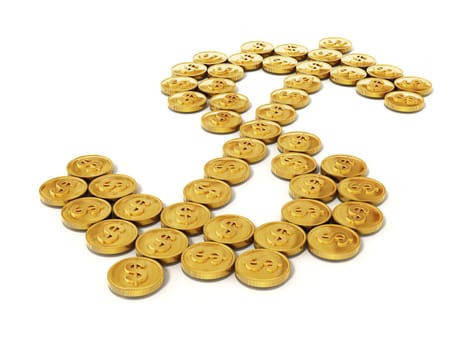Gold coins forming dollar symbol. 3D illustration.