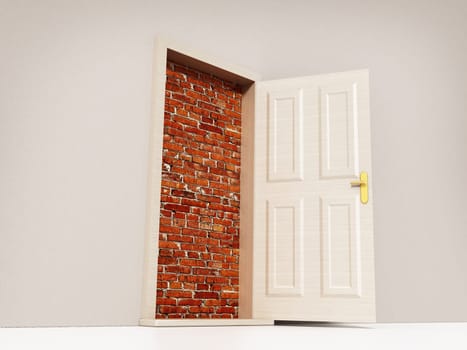 Open door leading to brick wall. 3D illustration.