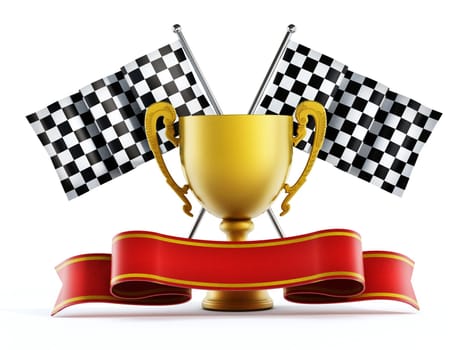 Gold cup, checkered flags and red ribbon. 3D illustration.
