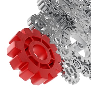 Metal gears connected to big red wheel. 3D illustration.