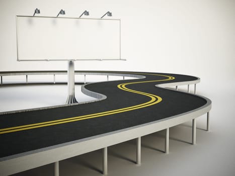Blank billboard standing next to highway. 3D illustration.