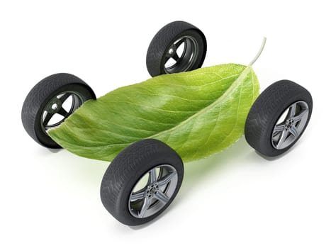 Green leaf with four wheels. 3D illustration.