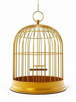 Gold bird cage isolated on white background. 3D illustration.