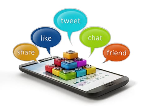 Speech balloons and application software cubes on smartphone. 3D illustration.