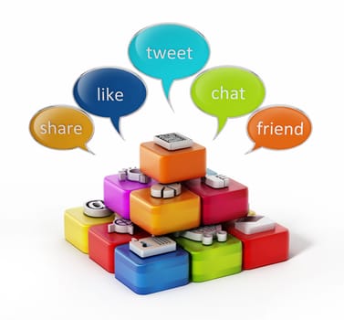 Speech balloons and application software cubes. 3D illustration.