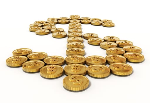 Gold coins forming dollar symbol. 3D illustration.