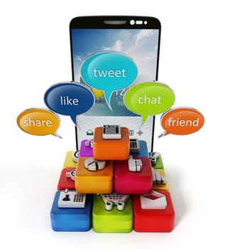Speech balloons and application software cubes on smartphone. 3D illustration.