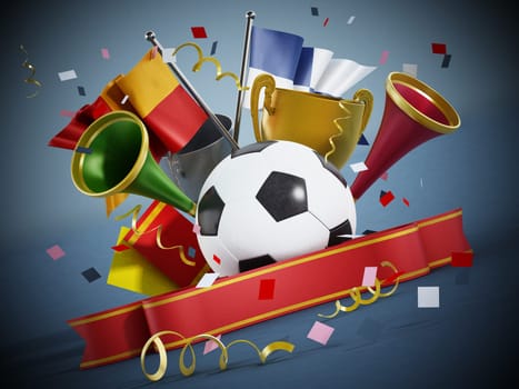 Soccer ball, flags, red ribbon and trumpets. 3D illustration