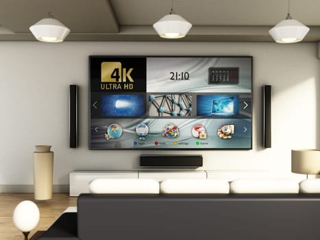 Modern 4K smart TV room with large windows and parquet floor. 3D illustration.