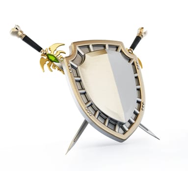 Shield and crossed swords isolated on white background. 3D illustration.