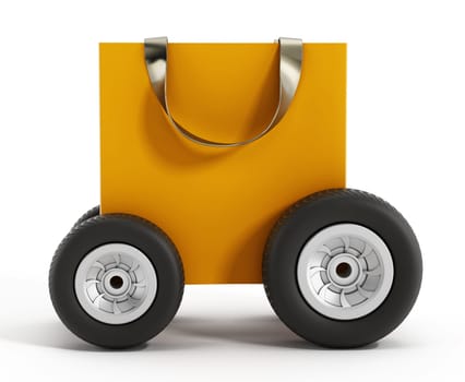 Shopping bag with wheels. Speed delivery concept. 3D illustration.