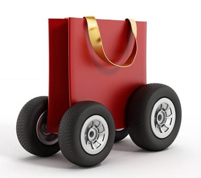 Shopping bag with wheels. Speed delivery concept. 3D illustration.