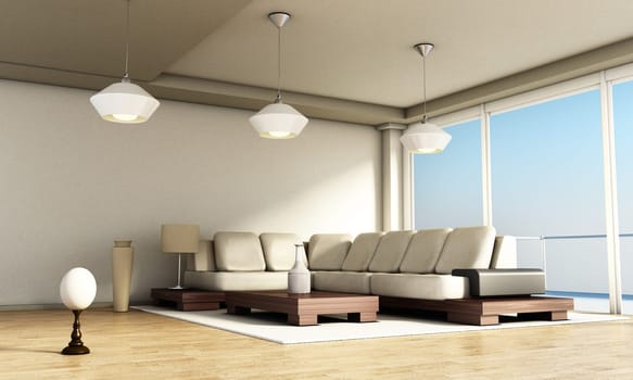 Modern room interior with large windows and parquet floor. 3D illustration.