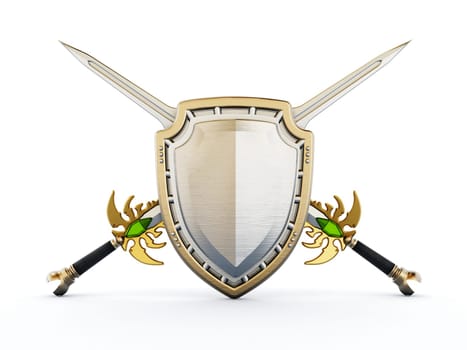Shield and crossed swords isolated on white background. 3D illustration.