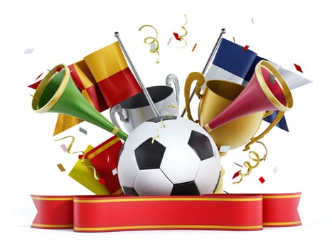 Soccer ball, flags, red ribbon and trumpets. 3D illustration