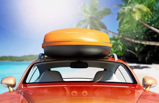 Car with roof rack near seashore. 3D illustration.