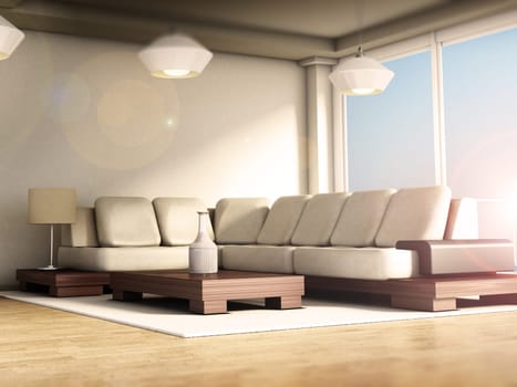 Modern room interior with large windows and parquet floor. 3D illustration.