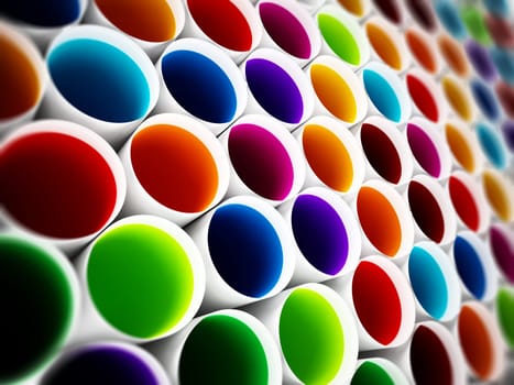 Multi colored plastic tubes background. 3D illustration.
