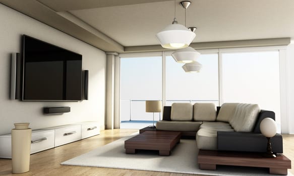 Modern 4K smart TV room with large windows and parquet floor. 3D illustration.