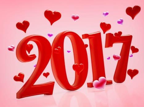 2017 text and hearts on pink background. 3D illustration.