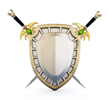 Shield and crossed swords isolated on white background. 3D illustration.