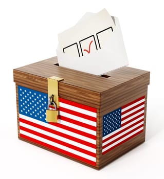 American flag textured ballot box and enveloppe. 3D illustration.