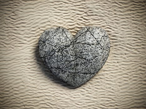 Stone heart standing on beach sand. 3D illustration.